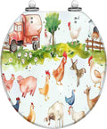 Round Toilet Seat Watercolor farm animals hen cow horse chicken red green blue for baby Resin Toilet Seat Slow Quiet Close with Quick-Release Hinges Toilet Seat with Cover Easy to Clean Install