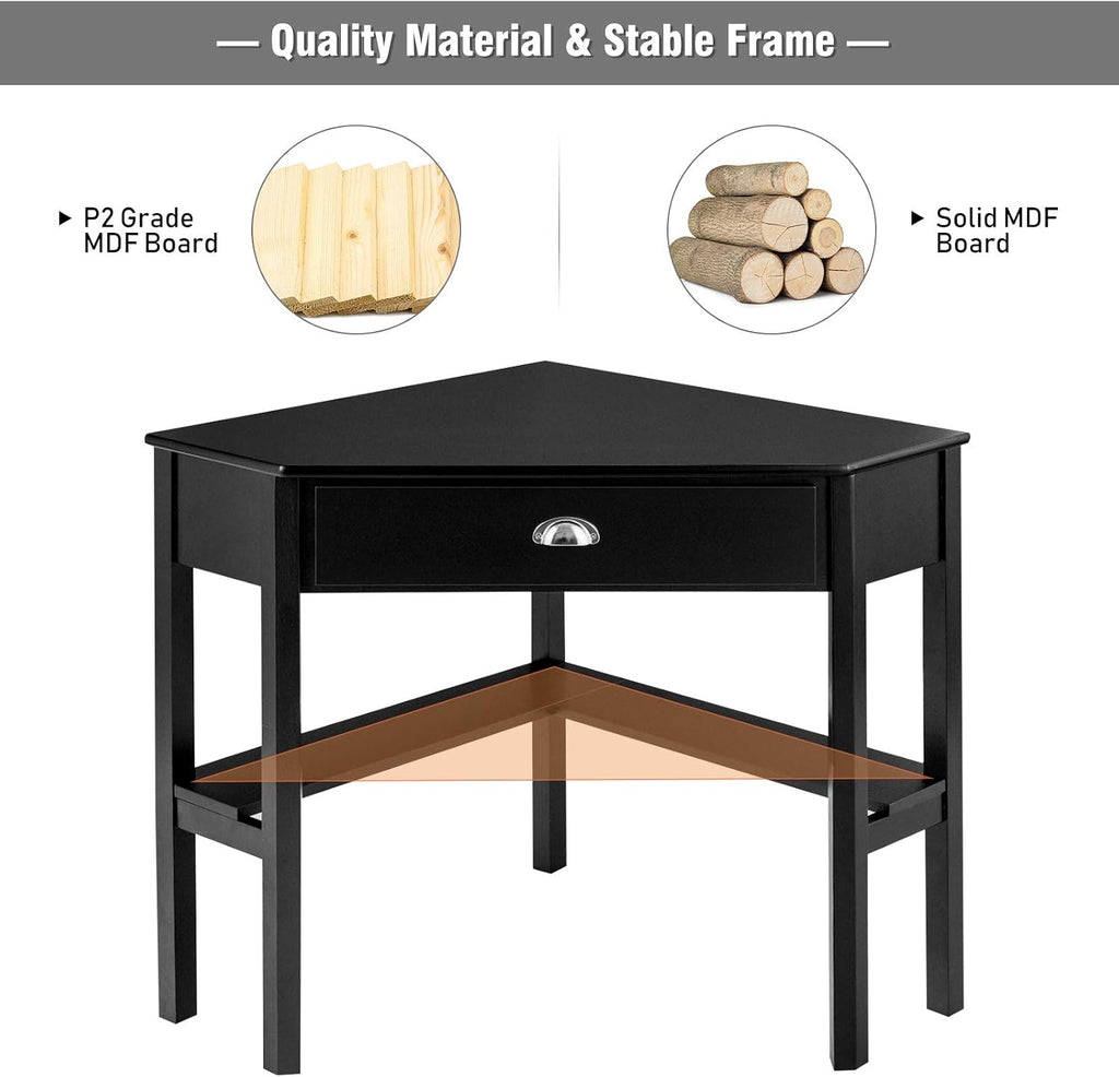 HOMGX Corner Desk, Writing and Study Corner Computer Desk, Laptop PC Table, Wood Home Office Desk, Small Corner Desk with Storage Drawer, Shelves, Office Study Workstation (Black)