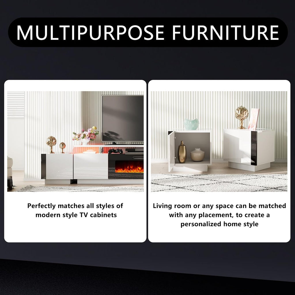 AMERLIFE 2PCS Entertainment Center Side Table Set with Storage, Modern High Gloss End Tables with 2 Cabinet Doors, for Living Room/Bedroom/Office, White/Black