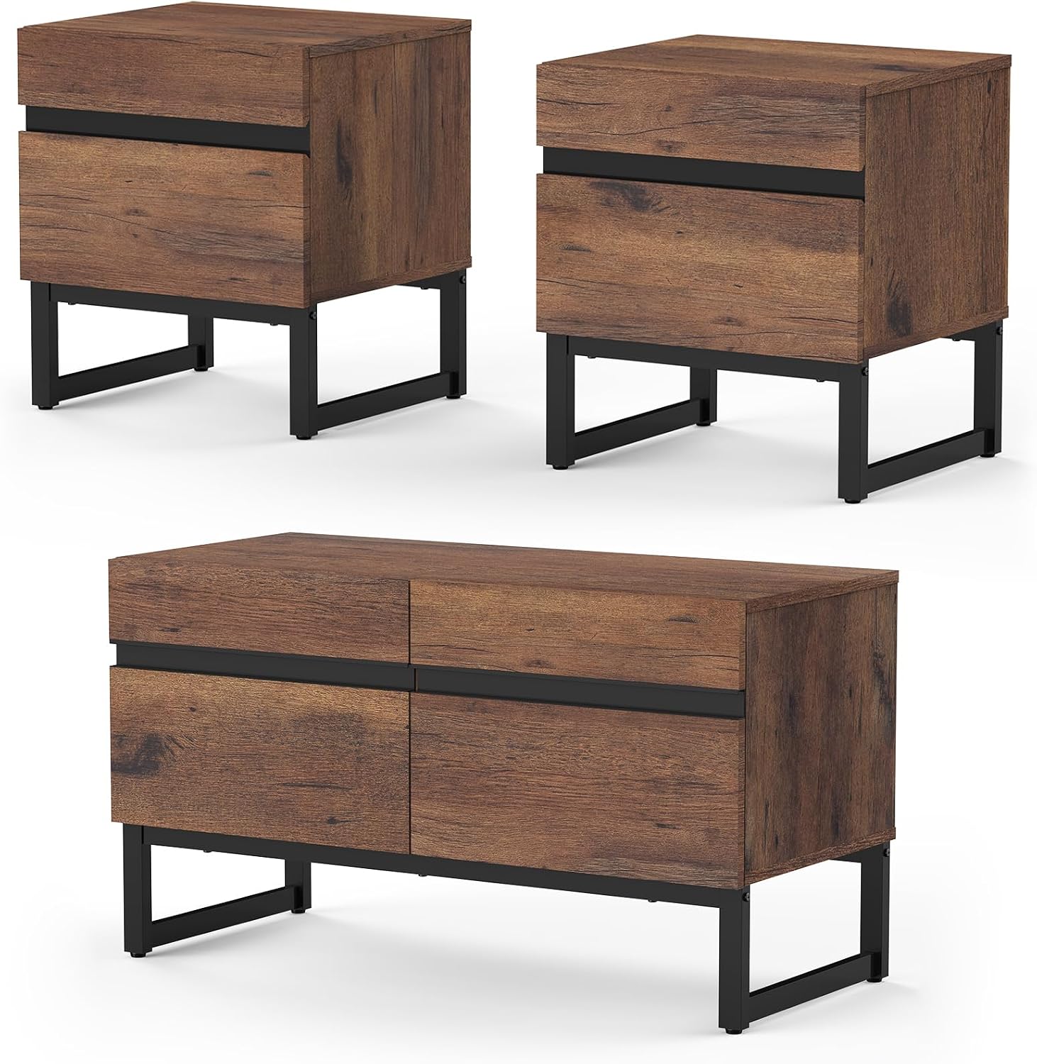 WAMPAT TV Stand and End Table Set of 3, 35 Inch TV Stand and 2 End Table Set with 2 Drawers for Living Room, Entertainment Center, Console TV Table Living Room Table Sets,Brown