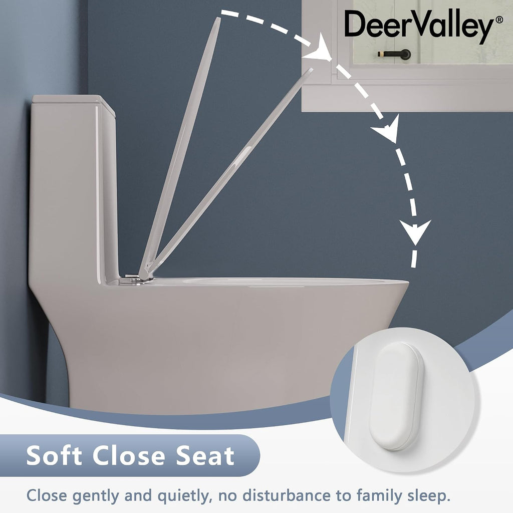DeerValley Compact One-Piece Toilet for Small Bathrooms, Dual Flush 0.8/1.28 GPF, 900g MAP, Round Bowl, Soft-Close Seat, 12' Rough-In, Space-Saving Design