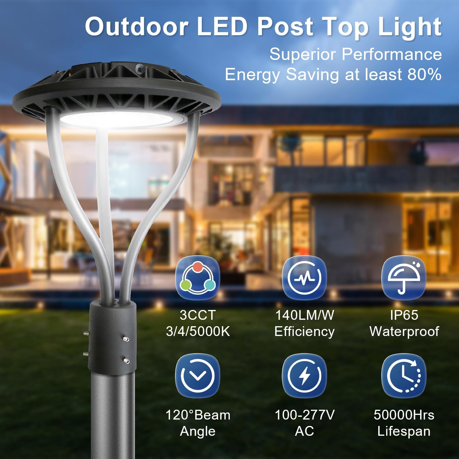 LED Post Top Light with Dusk to Dawn Photocell, 20W/30W/40W/60W Power Tunable, 3CCT 3000K/4000K/5000K Outdoor Post Pole Lights, IP65 LED Circular Area Light for Garden Yard Street, ETL Listed
