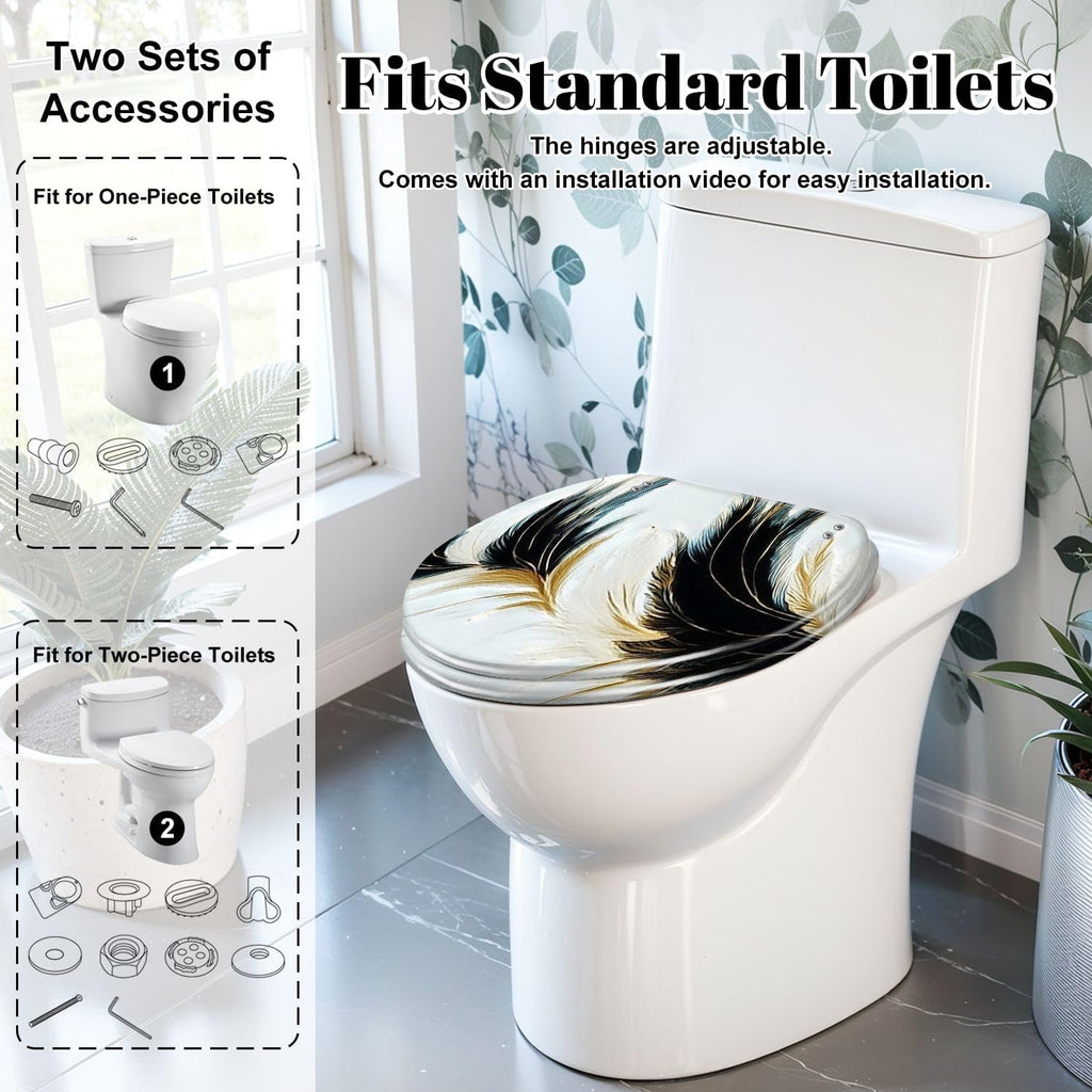 Elongated Toilet Seat luxury black white golden feathers Resin Toilet Seat Slow Quiet Close Lid with Quick-Release Hinges Cover Bumpers Easy to Clean Install