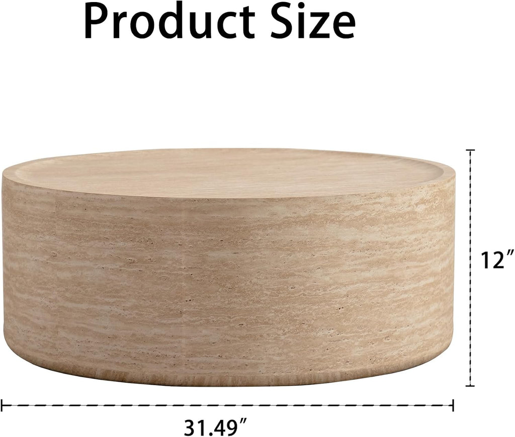 Modern Drum-Shape Coffee Table for Living Room 31.5' Round Cocktail Center Table Faux Travertine Finish Circle Coffee Tables for Home Office, Fully Assembled