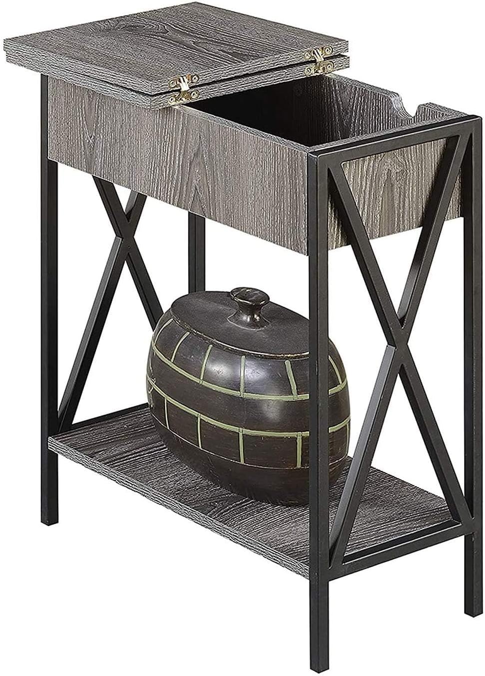 Convenience Concepts Tucson Flip Top End Table with Charging Station 23.75' - Modern Living Room Table with Storage Shelf, Nightstand Side Table, Weathered Gray