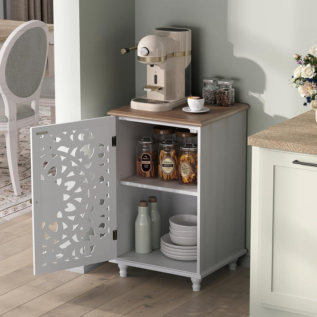 JOINICE Small Accent Cabinet with Carved Mandala Door, White Storage Cabinet with Solid Wood Legs & Adjustable Shelf, Boho Distressed End Table for Living Room, Bedroom, Entryway Side Table