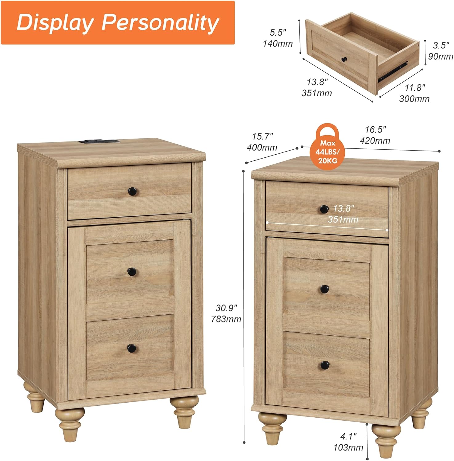 WAMPAT Nightstands with Charging Station, Set of 2 End Table with Power Outlets & USB Ports for Living Room, Modern Side Table with Drawer and Storage Cabinet for Bedroom, Oak