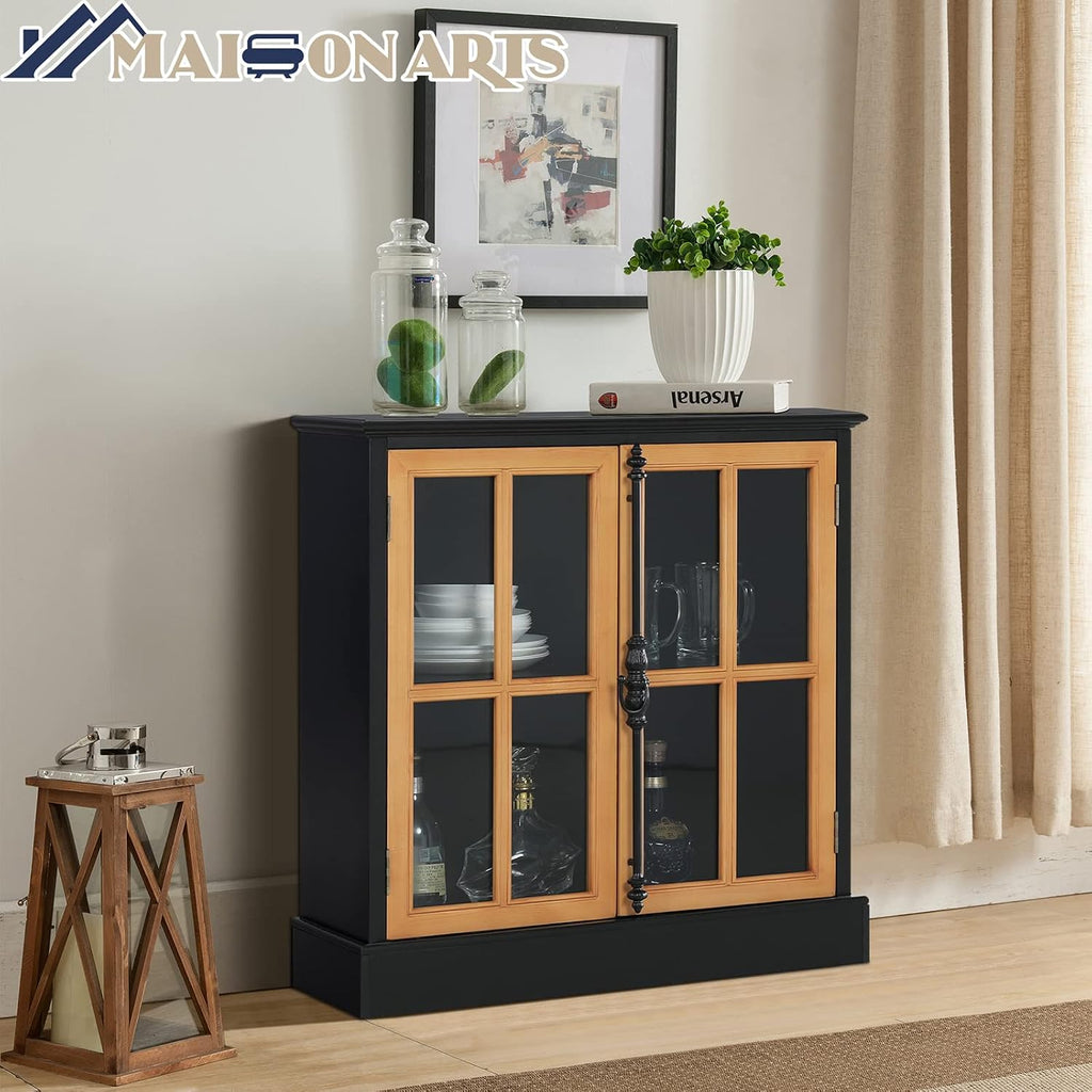 MAISON ARTS Accent Cabinet with 2 Doors, Farmhouse Decorative Storage Cabinet for Entryway Living Room Modern Kitchen Sideboard Buffet Cabinet, Solid Wood Frame, Glass Doors Black