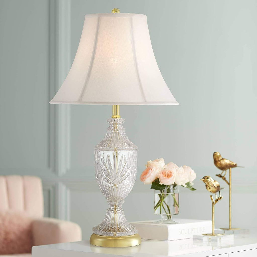 Regency Hill Traditional Style 3-Way Table Lamp with Table Top Dimmer 26.5' High Cut Glass Urn Brass Metal Cream Fabric Empire Shade Decor for Living Room Bedroom House Bedside Nightstand Home