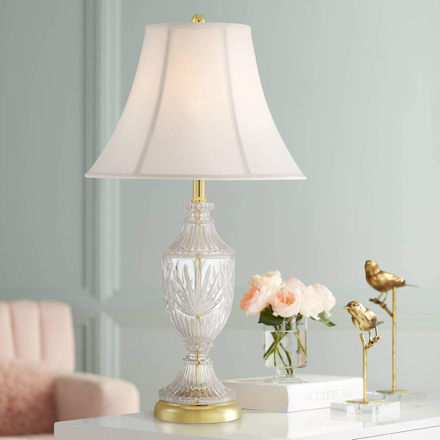 Regency Hill Traditional Style 3-Way Table Lamp with Table Top Dimmer 26.5' High Cut Glass Urn Brass Metal Cream Fabric Empire Shade Decor for Living Room Bedroom House Bedside Nightstand Home