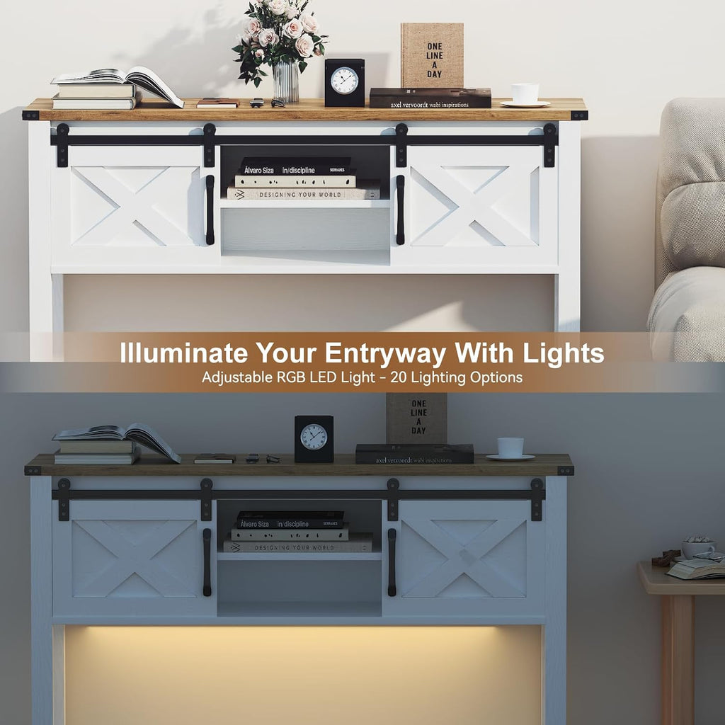 Farmhouse Entryway Table with LED Light, Sofa Table with Sliding Barn Door, Adjustable Open Shelves, 46' Rustic Console Table with Storage, Antique White Hallway for Living Room Bedroom