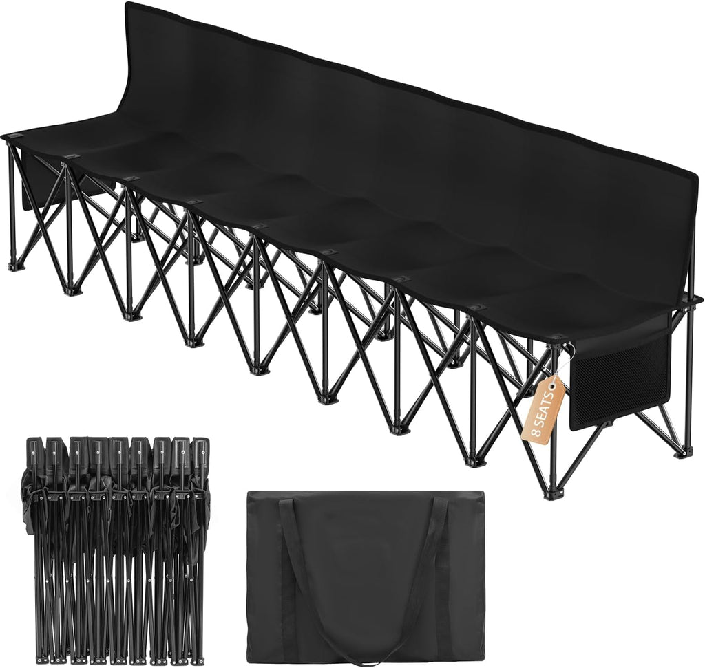 Suteck 8 Seats Soccer Bench, Portable Team Bench with 17.3'x 17.3' Individual Seats, 600D Oxford Fabric & Side Pockets, Heavy Duty Outdoor Folding Bench for Sports, Camping, Patio & Park Events