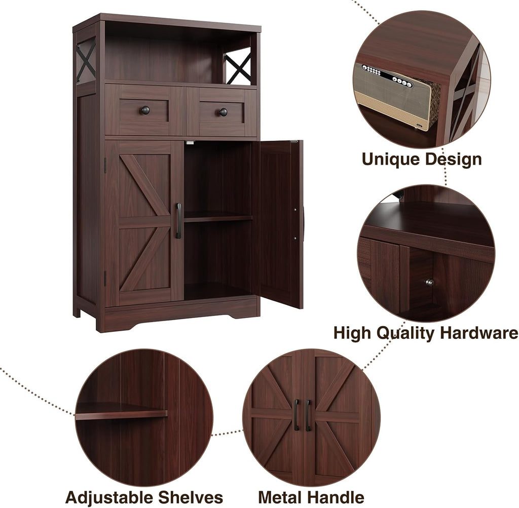 Dark Brown Storage Cabinet with Doors and Shelves - Farmhouse Kitchen Pantry Cabinet with Storage, Coffee Bar Station, Hutch Cupboard for Kitchen, Living Room, Home Office, Dining Room