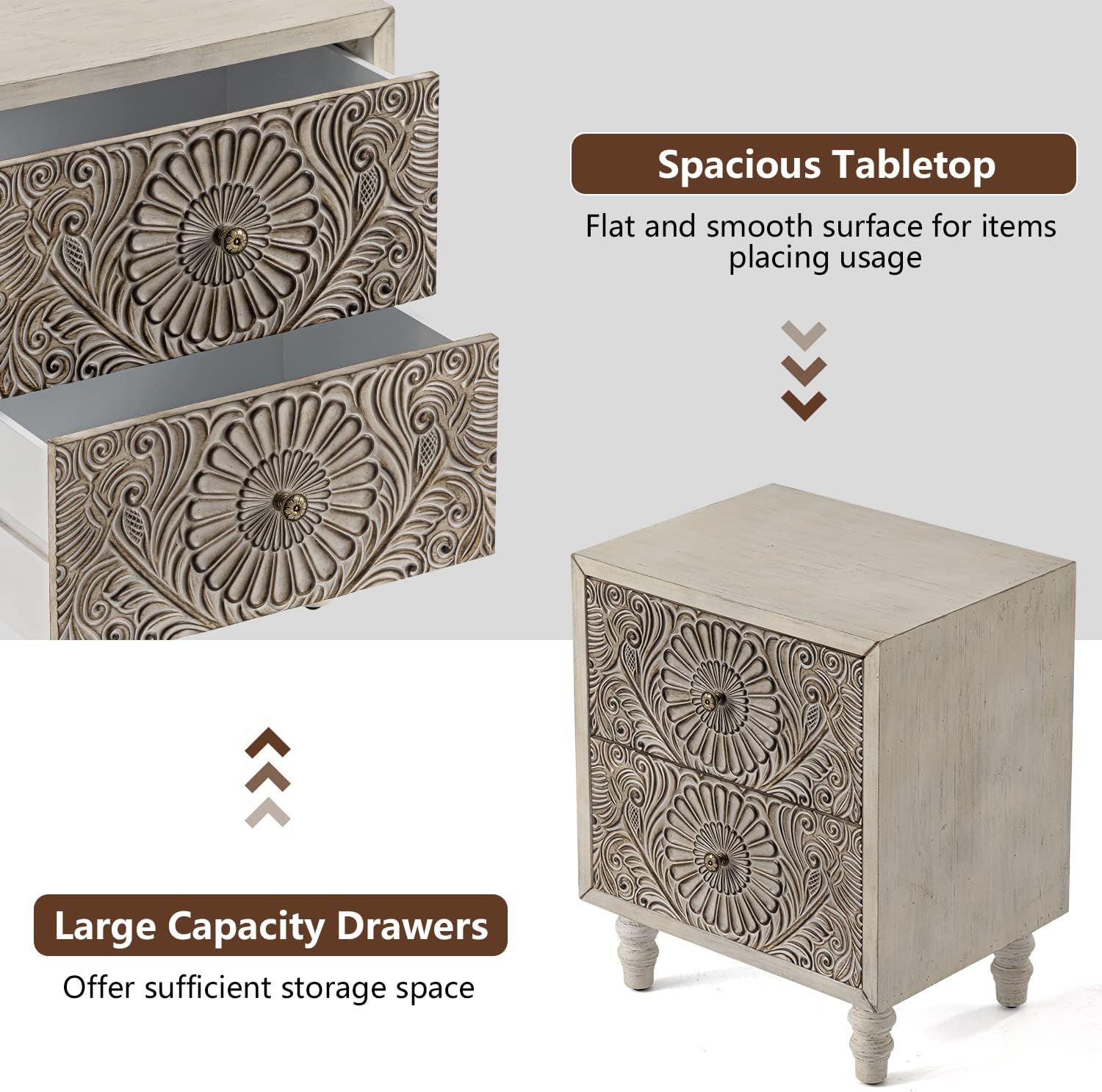 COSIEST 2 Pieces Nightstand, 14' D x 18' W x 21.5' H MDF End Table with 2 Drawers, Vintage Style Wood Bedside Table, Bedroom Accessories for Home, Office, College Dorm