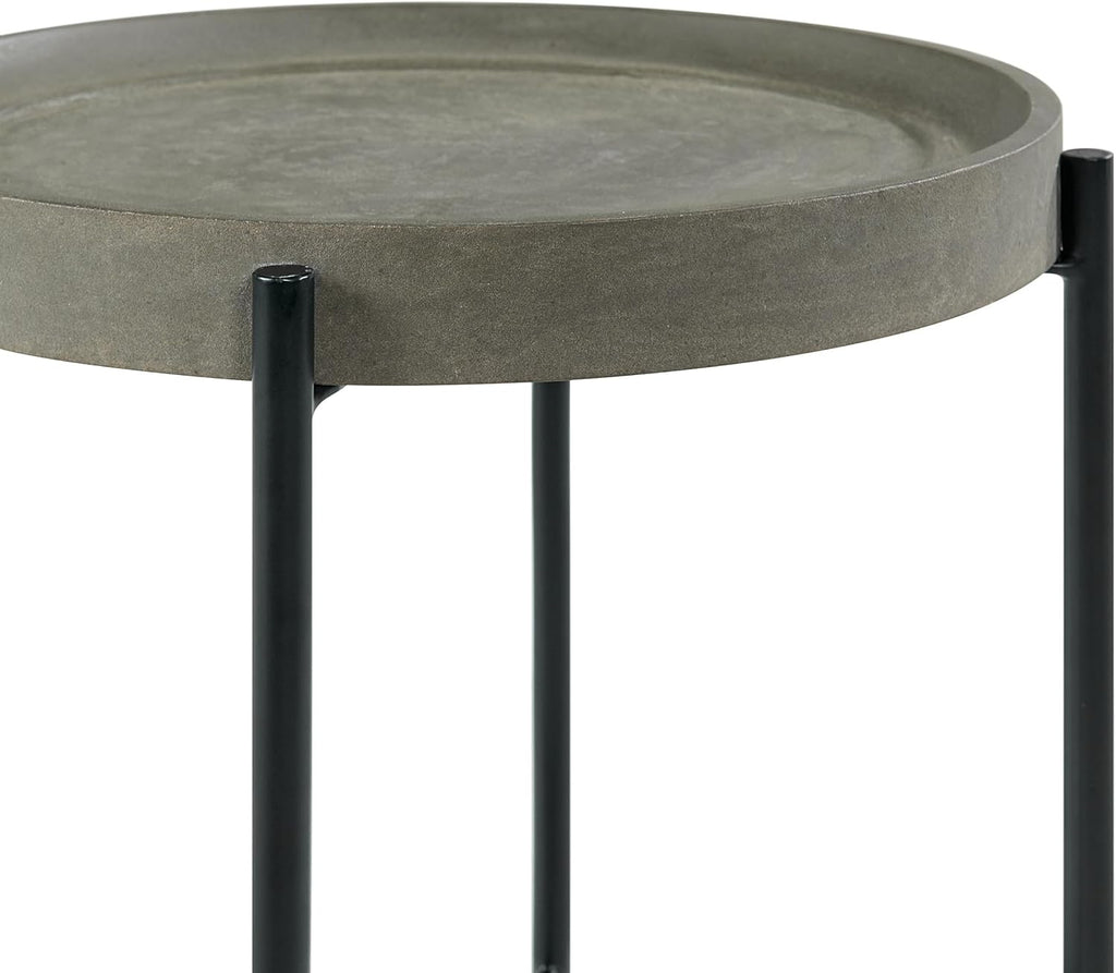 Brookline 20-Inch Round Wood End Table with Concrete Coating and Powder-Coated Iron Legs – Tray Style Top Home Accent for Living Room, Bedroom or Office by Alaterre Furniture (Gray)