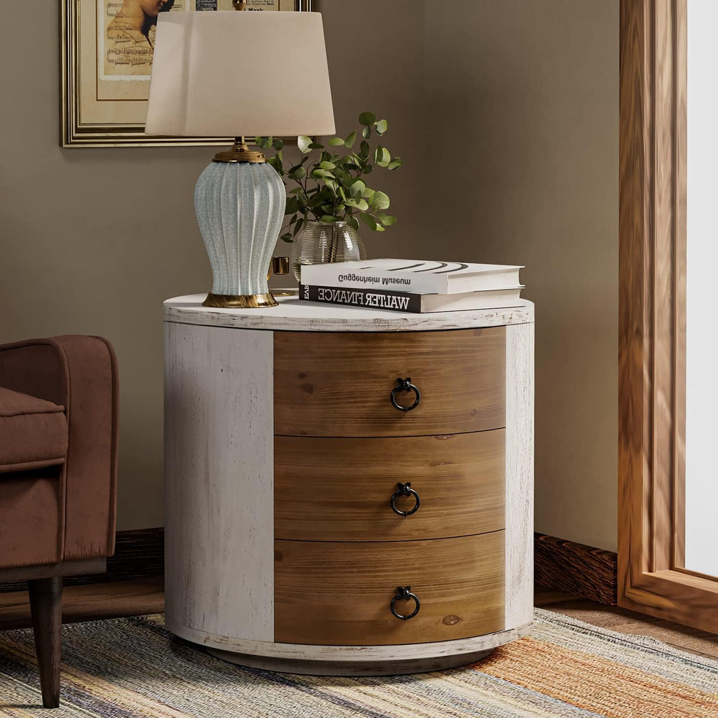 COSIEST Bedside Table Set of 2, Wood Nightstand 3 Drawers, Farmhouse Round End Table with 3 Drawers, Dresser with Drawers for Bedroom, Living Room