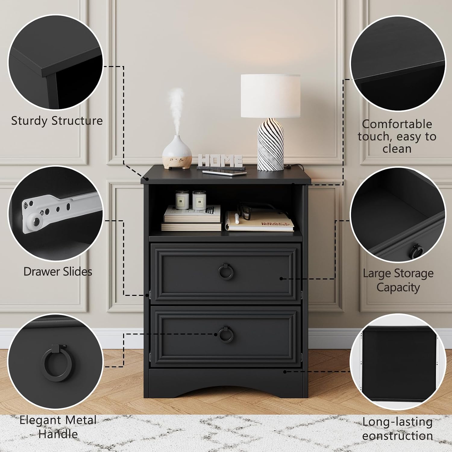 HolliWill Set of 2 Large Night Stand with Drawers, 17.7' W Nightstand with 2 Drawers, Accent Bed Side Table and End Table with Large Open Storage for Bedroom, Living Room,Black