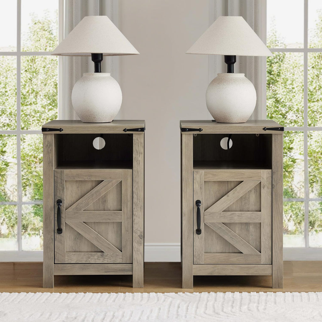Farmhouse Nightstand Set of 2, Bedside Table with Charging Station, Night Stand with Barn Door, Grey End Table Sofa Side, Nightstand Storage for Bedroom Living Room, Grey