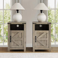 Farmhouse Nightstand Set of 2, Bedside Table with Charging Station, Night Stand with Barn Door, Grey End Table Sofa Side, Nightstand Storage for Bedroom Living Room, Grey