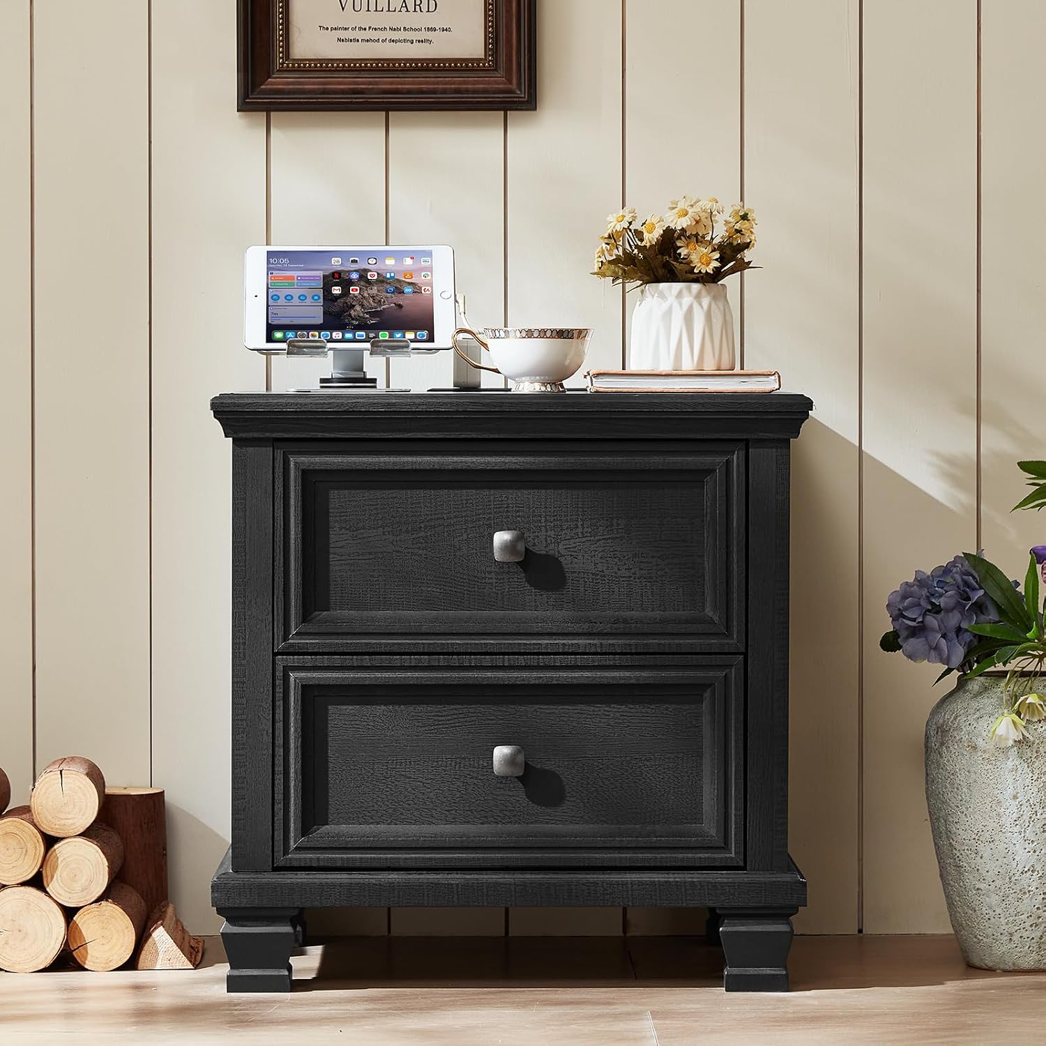 SAVOR LIFE Farmhouse Nightstand Set of 2, Rustic Low Nightstands with 2 Drawers & Charging Station, Vintage Night Stands with 4 Square Solid Wood Legs, Small Dresser for Bedroom, Home, Black
