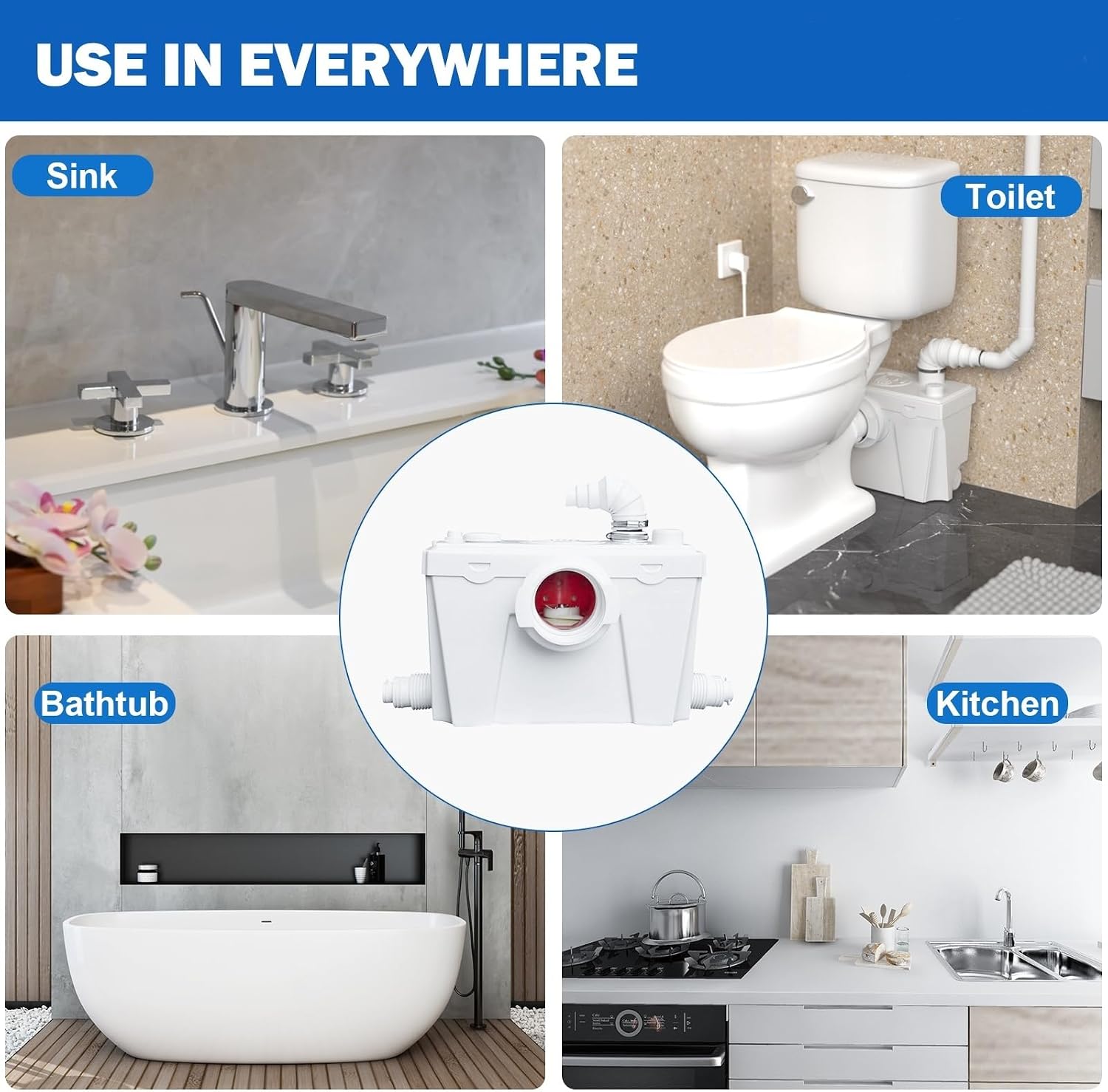 500W Two-Piece Upflush Macerating Toilet for Basement with Elongated Bowl & Extension Pipe