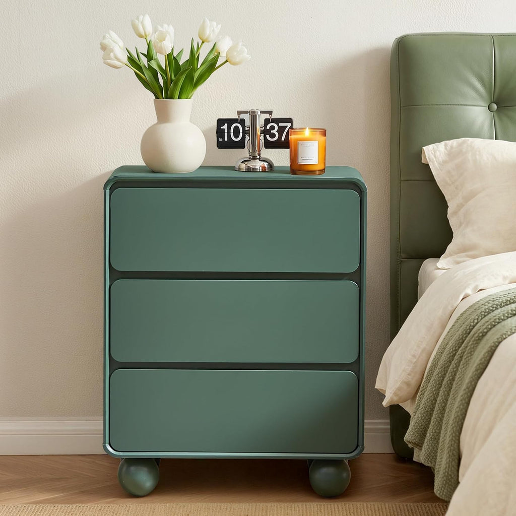 AVZEAR Wooden Night Stand wth 3 Drawer Dresser Mid Century Modern End Table Chest of Drawers, Solid Wood Legs & Curved Profile Design, Farmhouse Side Table for Living Room, Green