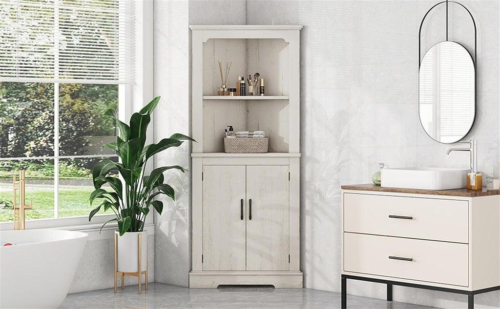 ZeHuoGe 69.3' Tall Corner Cabinet w/ 2 Doors & Open Shelves,4-Tier Floor Corner Cabinet w/Storage Shelves with Storage Shelves