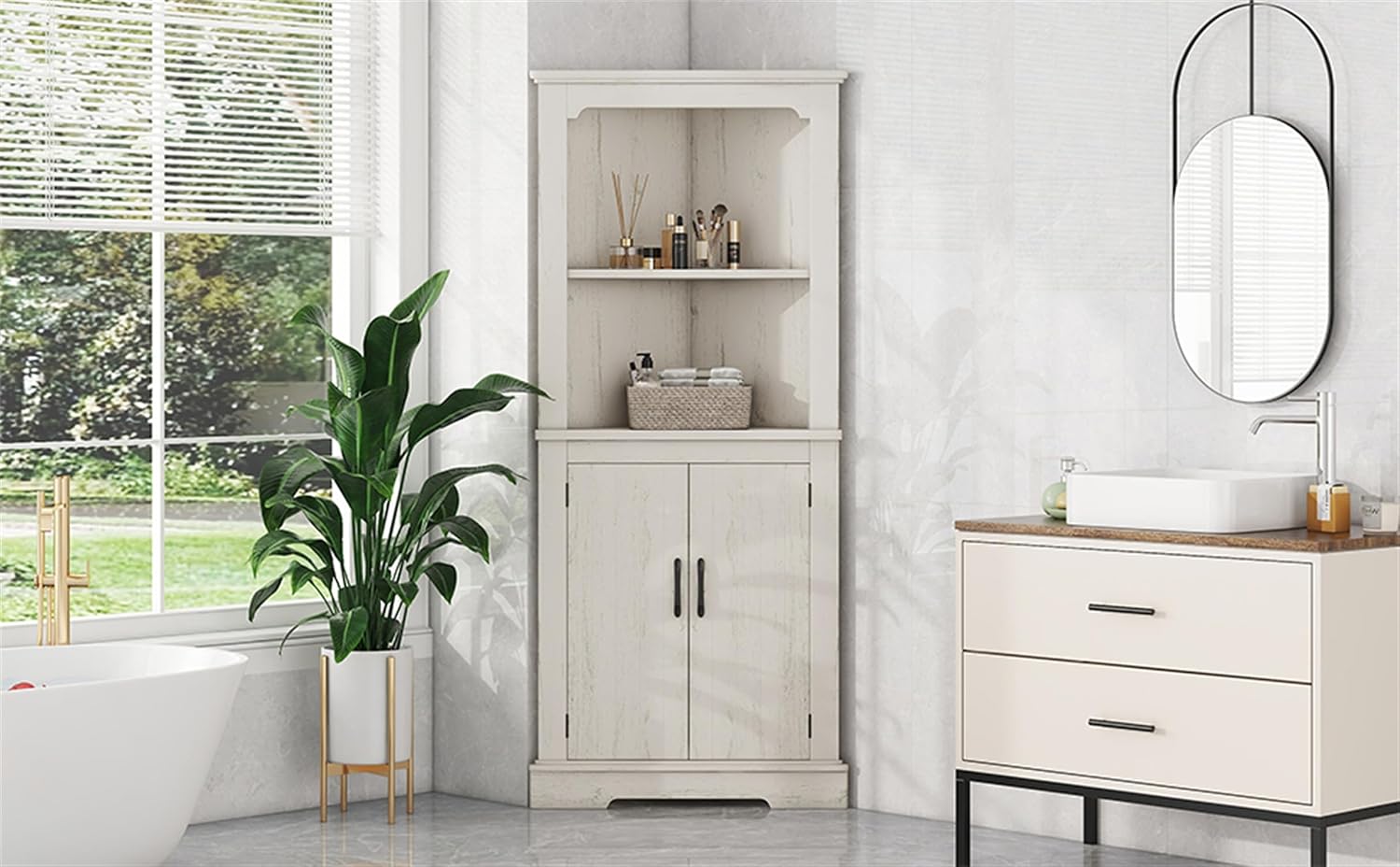 ZeHuoGe 69.3' Tall Corner Cabinet w/ 2 Doors & Open Shelves,4-Tier Floor Corner Cabinet w/Storage Shelves with Storage Shelves