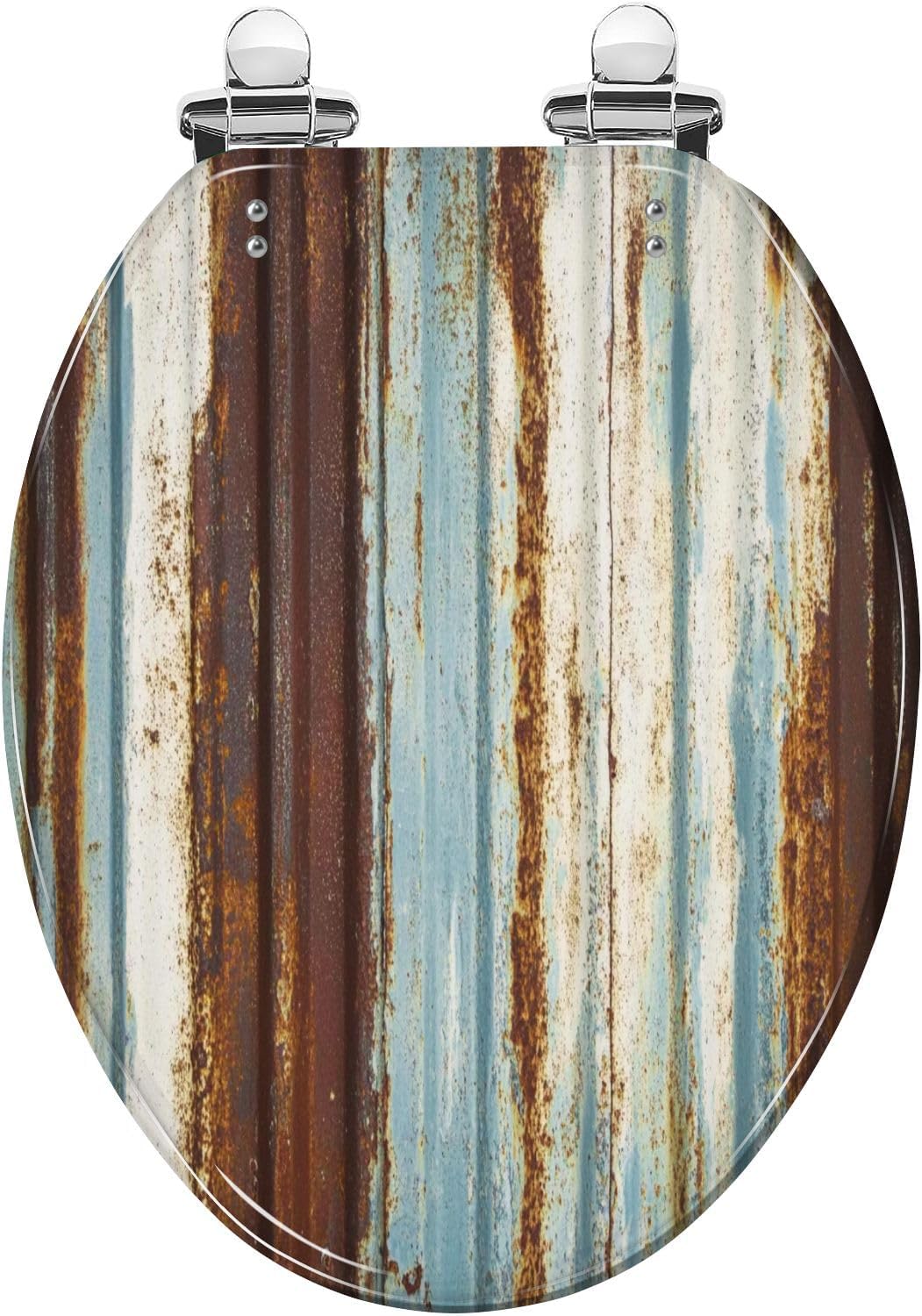 Elongated Toilet Seat Old wall texture rusty galvanized metal panel sheeting Resin Toilet Seat Slow Quiet Close Lid with Quick-Release Hinges Cover Bumpers Easy to Clean Install