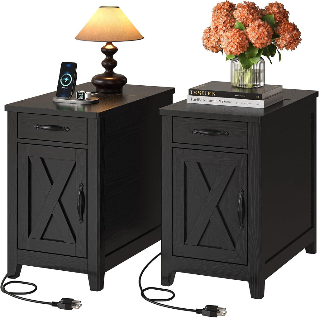 IRONCK End Table with Charging Station, Narrow Side Table for Living Room, Night Stand Set of 2 with Drawer and Cup Holder, Farmhouse Bedside Table with USB Ports and Outlets for Home, Black
