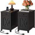 IRONCK End Table with Charging Station, Narrow Side Table for Living Room, Night Stand Set of 2 with Drawer and Cup Holder, Farmhouse Bedside Table with USB Ports and Outlets for Home, Black