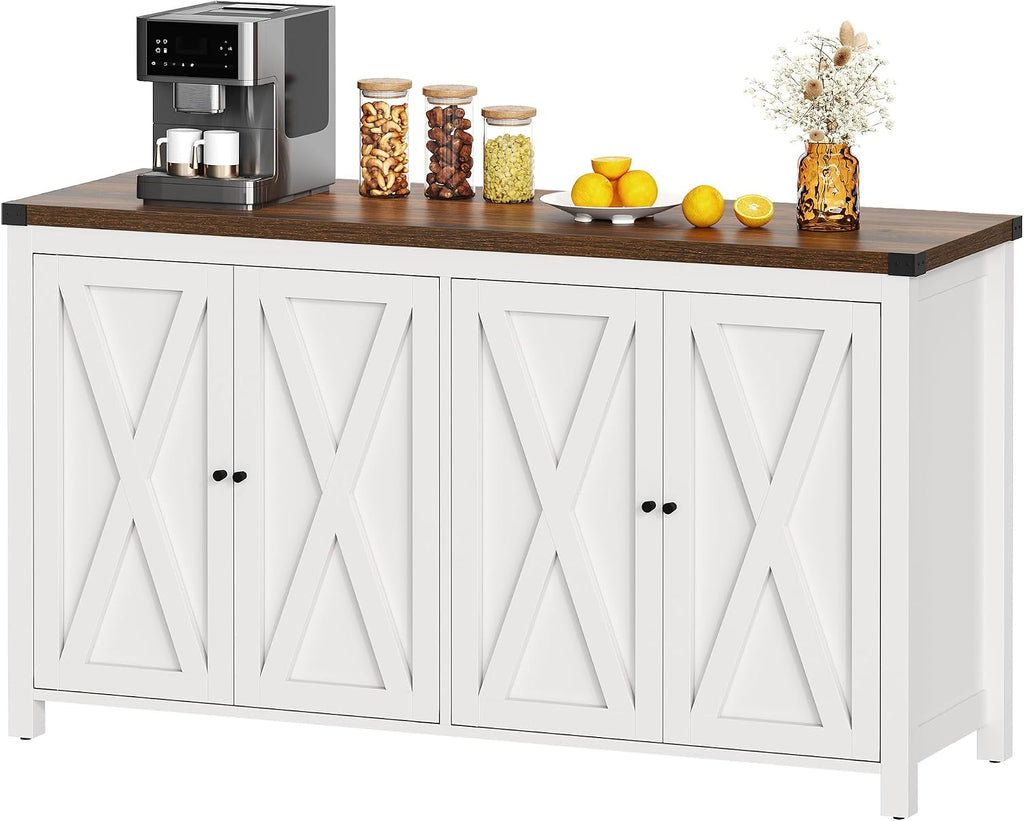 YITAHOME 55'' Sideboard Buffet Cabinet with Storage, Farmhouse Coffee Bar Cabinet Kitchen Storage Cabinets with Adjustable Shelf for Kitchen, Living Room, White