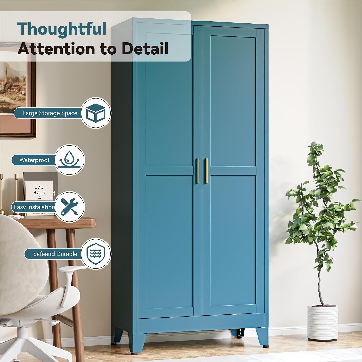 Baborokic 71H Tall Metal Storage Cabinet with 2 Doors and Adjustable Shelves,Kitchen Pantry Storage Cabinets,Tall Freestanding Cupboard for Bathroom,Office,Dining Room,Living Room Blue