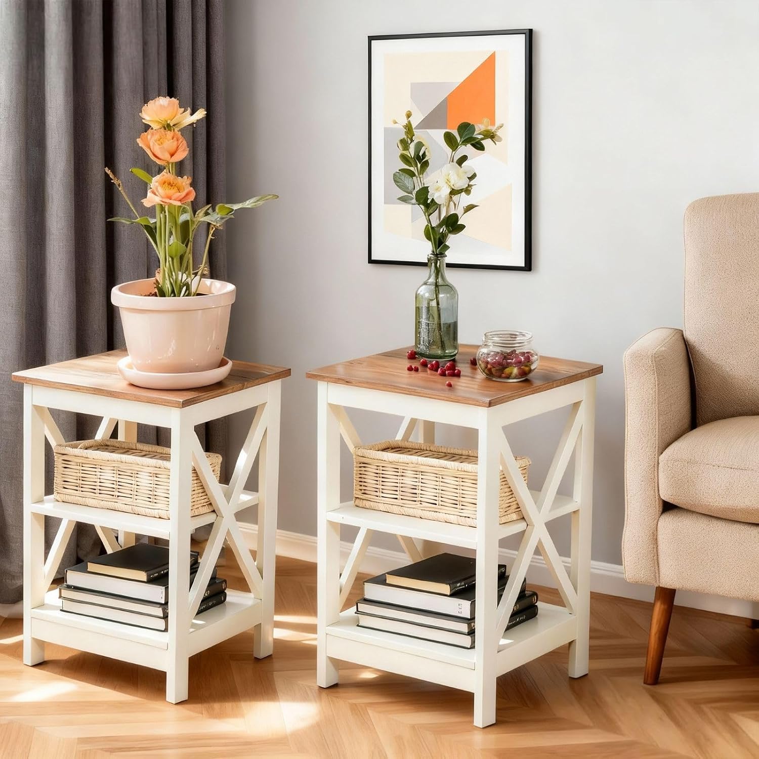 Sophia & William End Tables Bedroom Set of 2, Farmhouse Sofa Side Table with Storage Shelves, Ivory