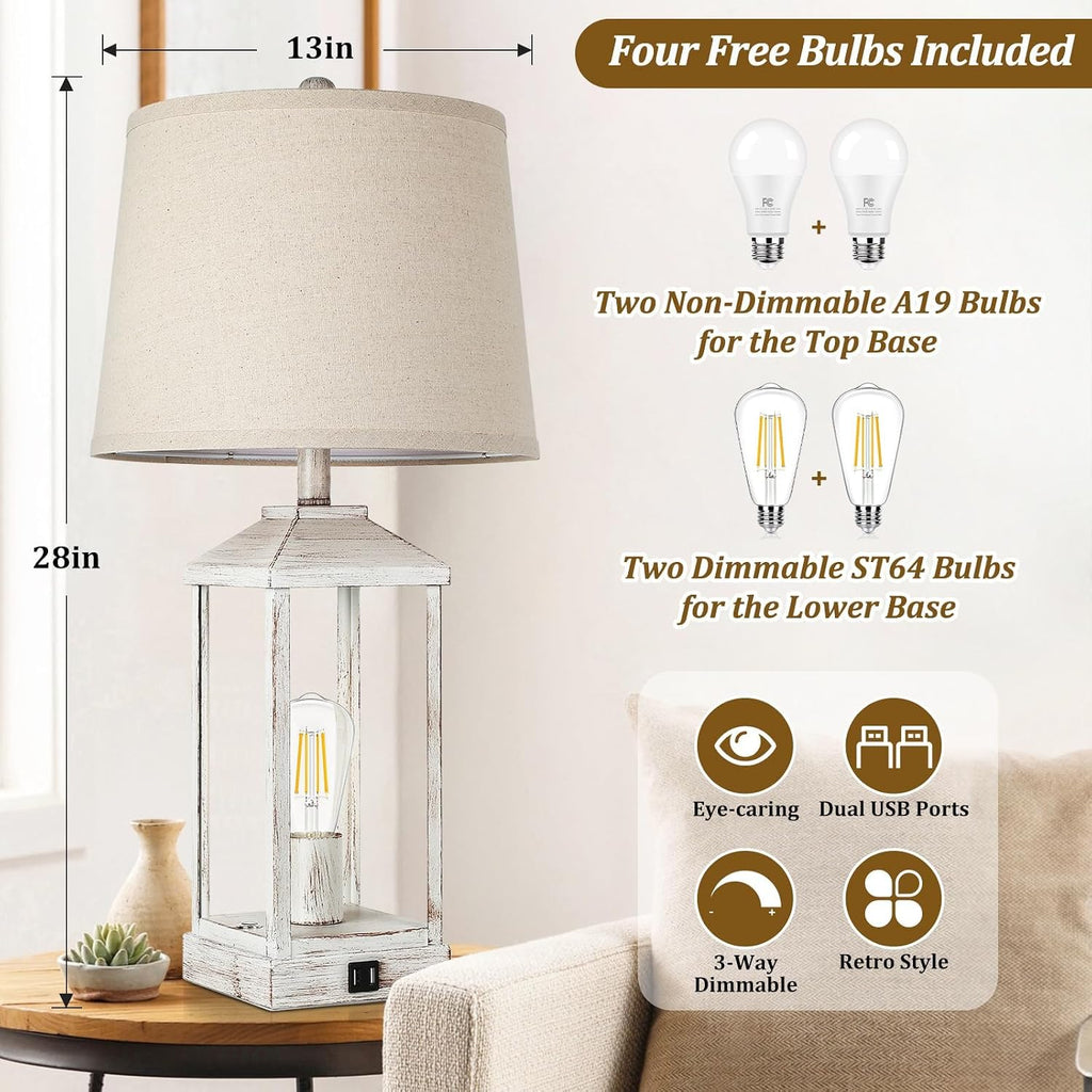 28' Farmhouse Table Lamps for Living Room Set of 2, 3-Way Dimmable Bedside Lamp with USB Ports, White Rustic Touch Control Nightstand Lamps for Bedroom, Modern Desk Lamp for Office, 4 Bulbs Included