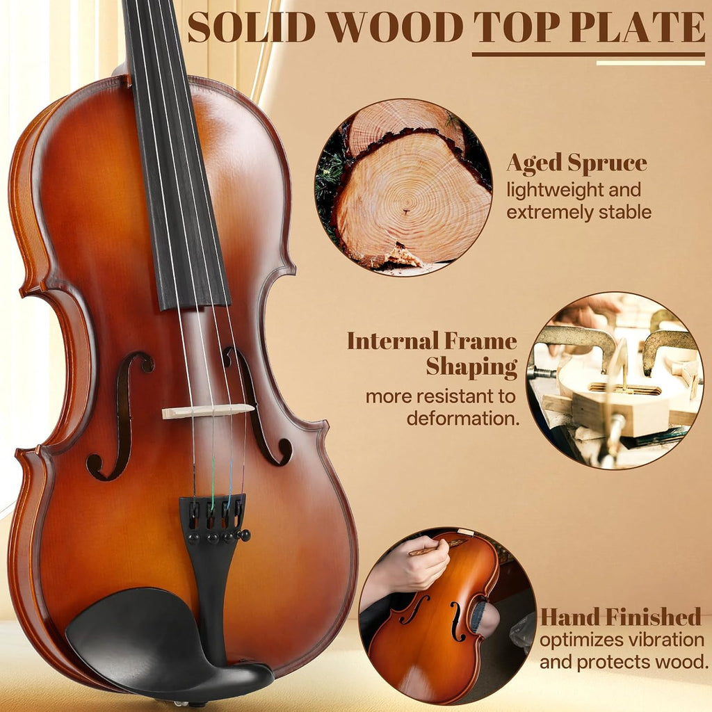 Kmise Violin 1/2 Full Set, High Density Ebony Violins, Glossy Acoustic Fiddle for Adults, Beginners, Students with Violin Case, Rosin, Strings, Bow, Shoulder Rest, Beginner's Guide (Ebony, 1/2)