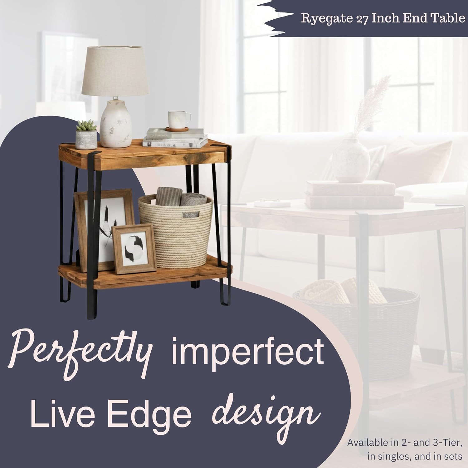 Ryegate Live Edge End Table with Storage – 2-Tier Solid Acacia Wood Side Table with Metal Frame and Lower Shelf – Industrial Accent Table for Living Room or Bedroom by Alaterre Furniture