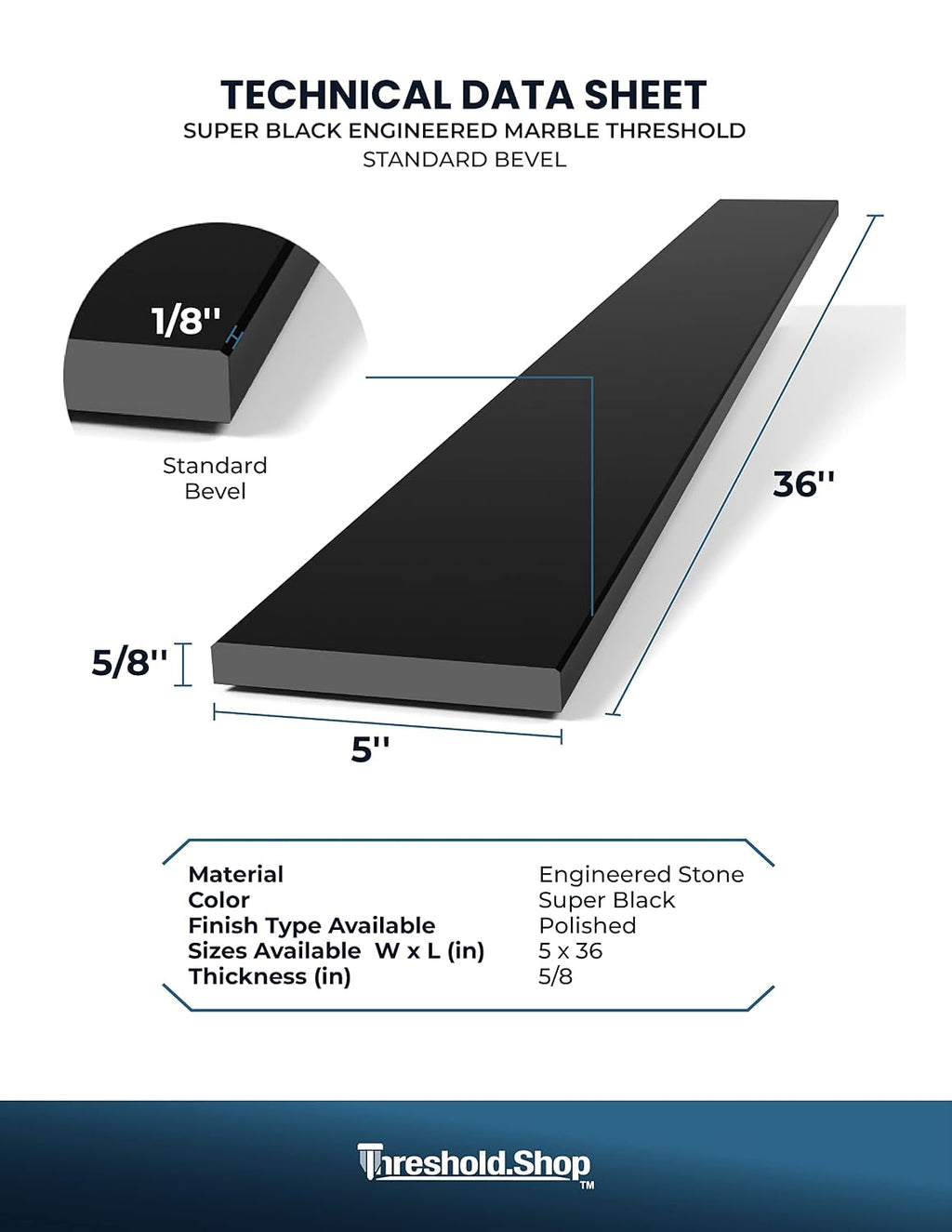 Super Black Engineered Marble Threshold for Shower Curb, Bathroom Vanity Backsplash, Window Sill, Door Transitions (5' x 36')