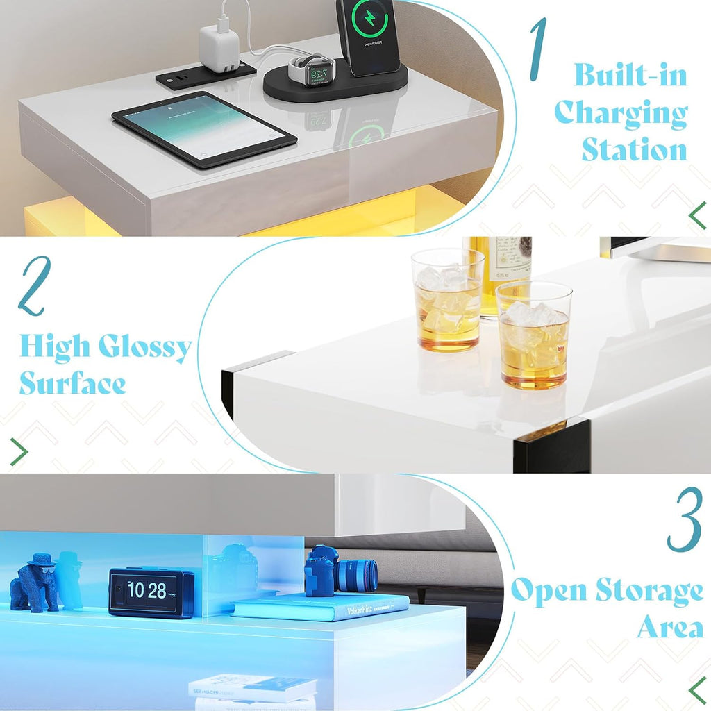 VanAcc 4-Piece Living Room Table Set, 70' Fireplace TV Stand with High Gloss Doors, Modern Coffee Table, LED Light End Table,High Glossy Table Sets for Living Room, White & Black