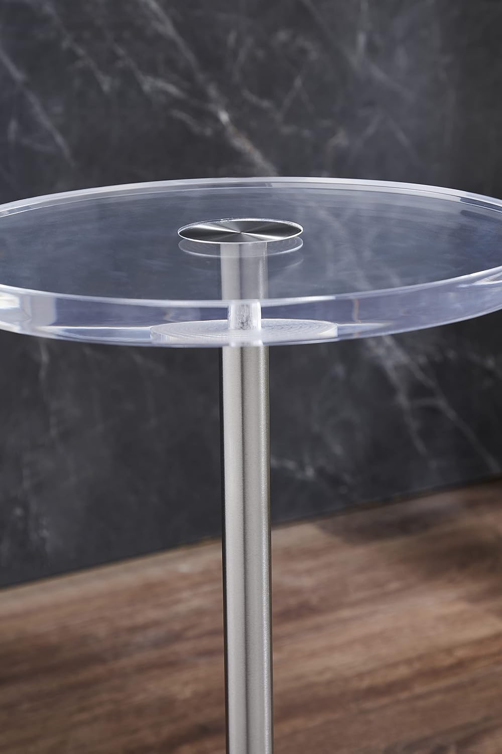 Artmaze Clear Acrylic End Table,Side Table,Brushed Silver Metal,Round,for Office, Living Room and Bedroom,Easy Assembly,12x12 inch，21.3 inch high