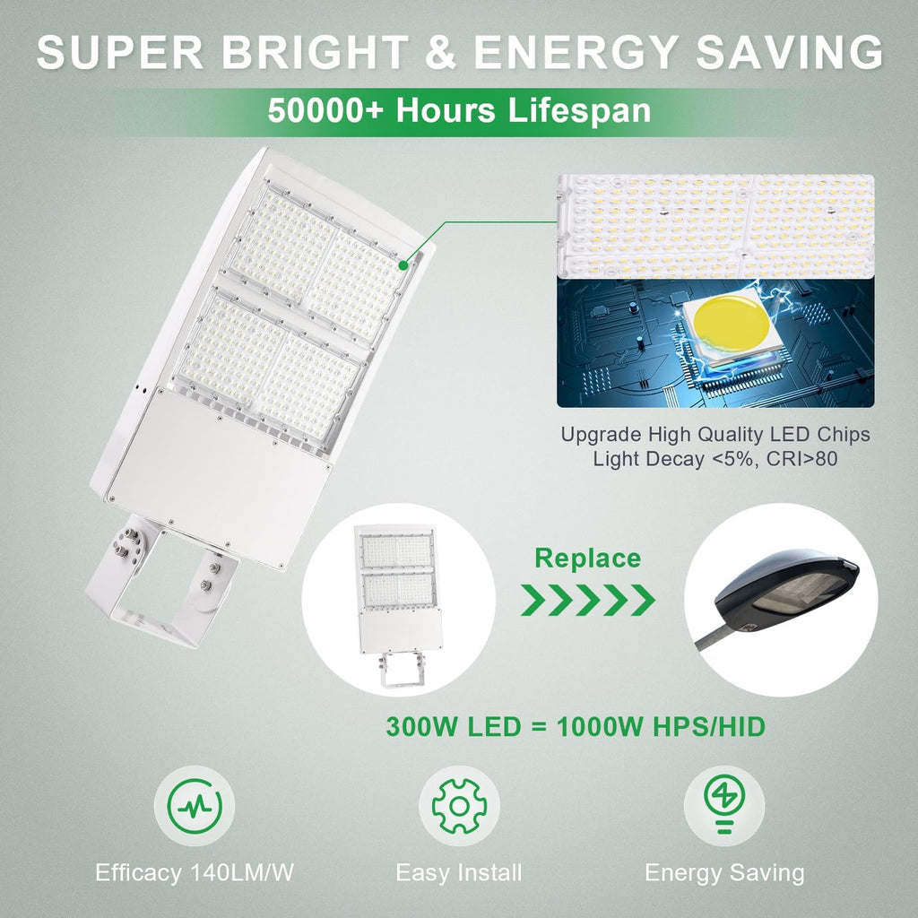 480V 300W LED Parking Lot Lights, 42000LM 5000K White LED Shoebox Street Light (1000W MH/HPS Equiv.), Dimmable Outdoor Commercial Area Road Lighting with Yoke Mount, IP65 UL Listed