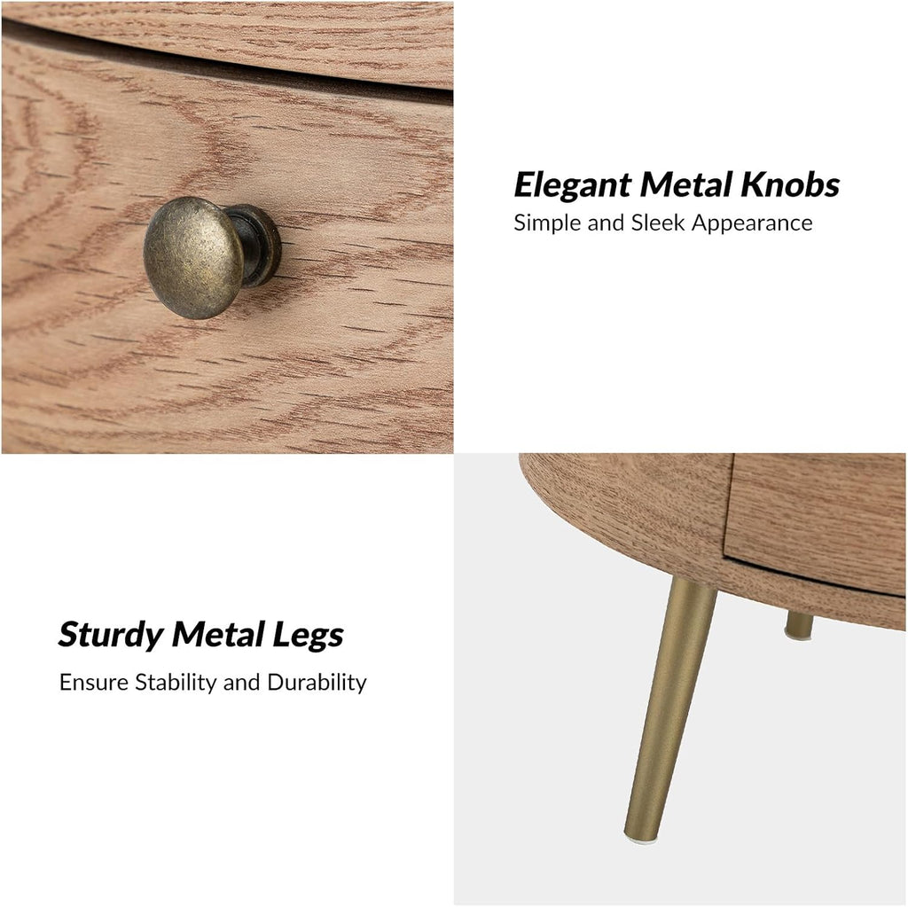 HULALA HOME Round End Table with 3 Storage Drawers, Mid Century Modern Sofa Side Table with Metal Legs, Farmhouse Wood Small Side Table for Living Room, Bedroom and Small Spaces, Oak