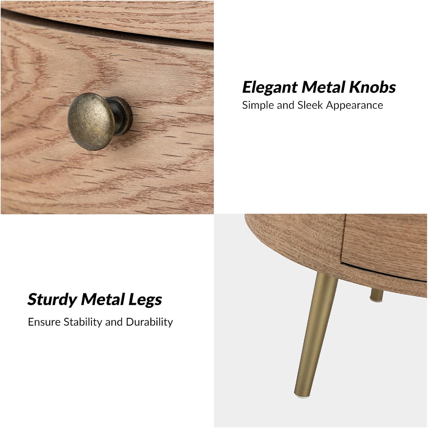 HULALA HOME Round End Table with 3 Storage Drawers, Mid Century Modern Sofa Side Table with Metal Legs, Farmhouse Wood Small Side Table for Living Room, Bedroom and Small Spaces, Oak