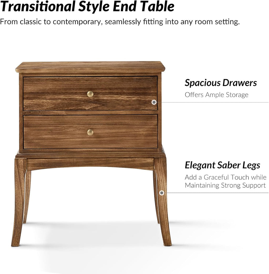 HULALA HOME Solid Wood End Table with Charging Station, 2 Drawer Side Table, Tall Mid Century Modern End Table for Living Room Set of 2, Cherry