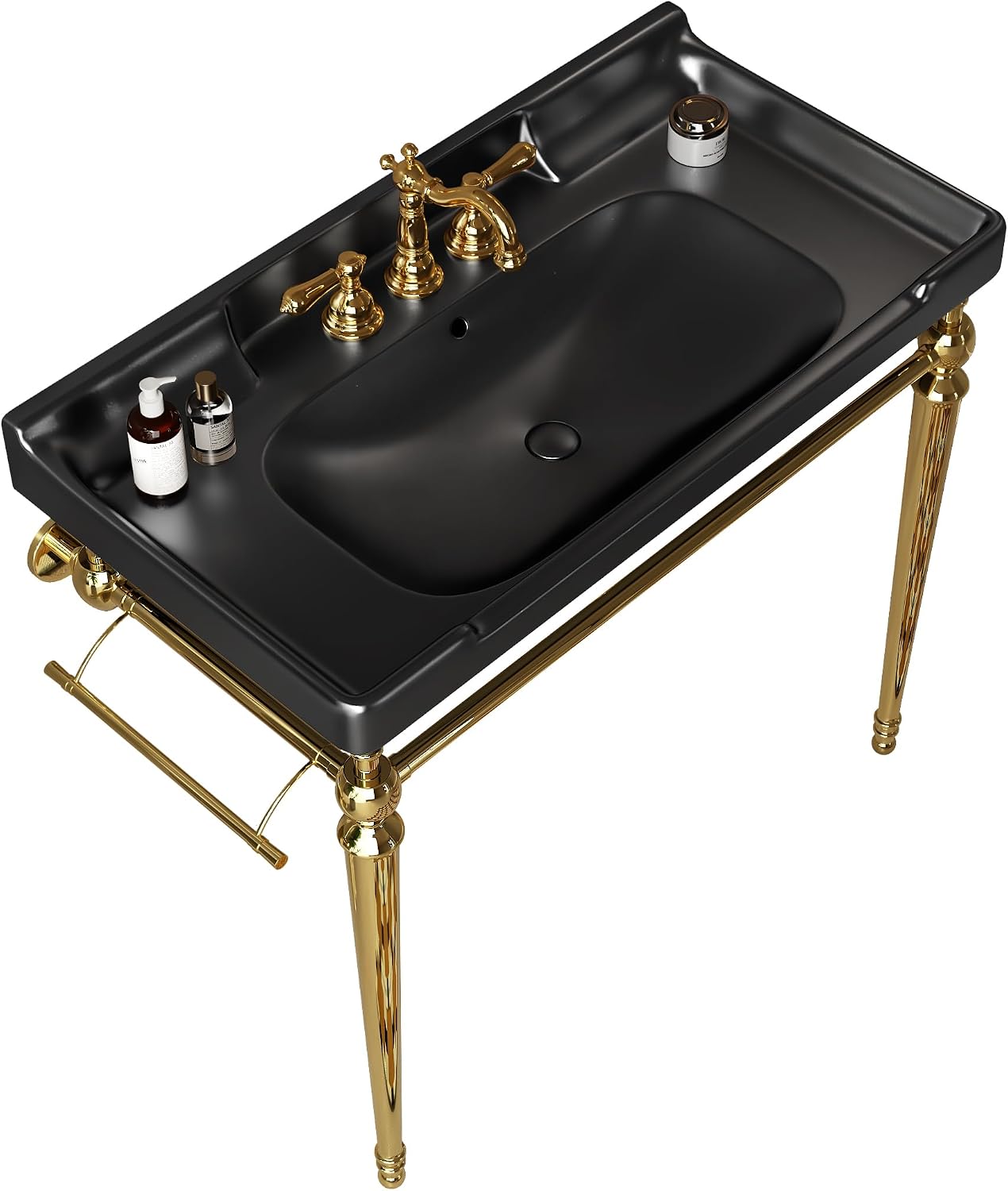 36' Bathroom Console Sink, Wall Mounted Black Ceramic Vanity Basin with 3 Pre drilled Faucet Holes, Freestanding Stainless Steel Support Legs with Towel Bar, No Faucet Sink Cover, Gold Color