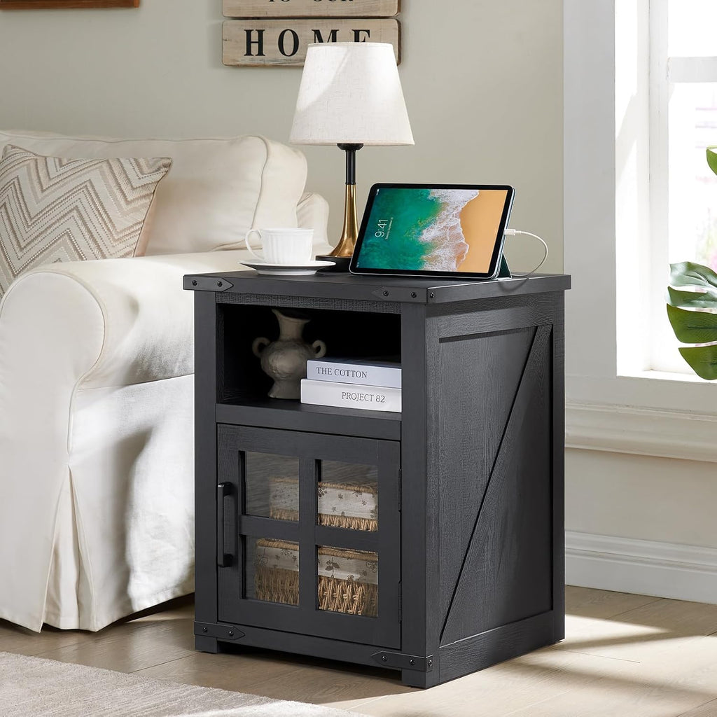 Barnyatoh Farmhouse Nightstand with Charging Station, Rustic End Table with Tempered Glass Barn Door, Wood Sofa Side Bedside Table with Open Storage Shelf for Living Room, Bedroom, Black, 2 Pack