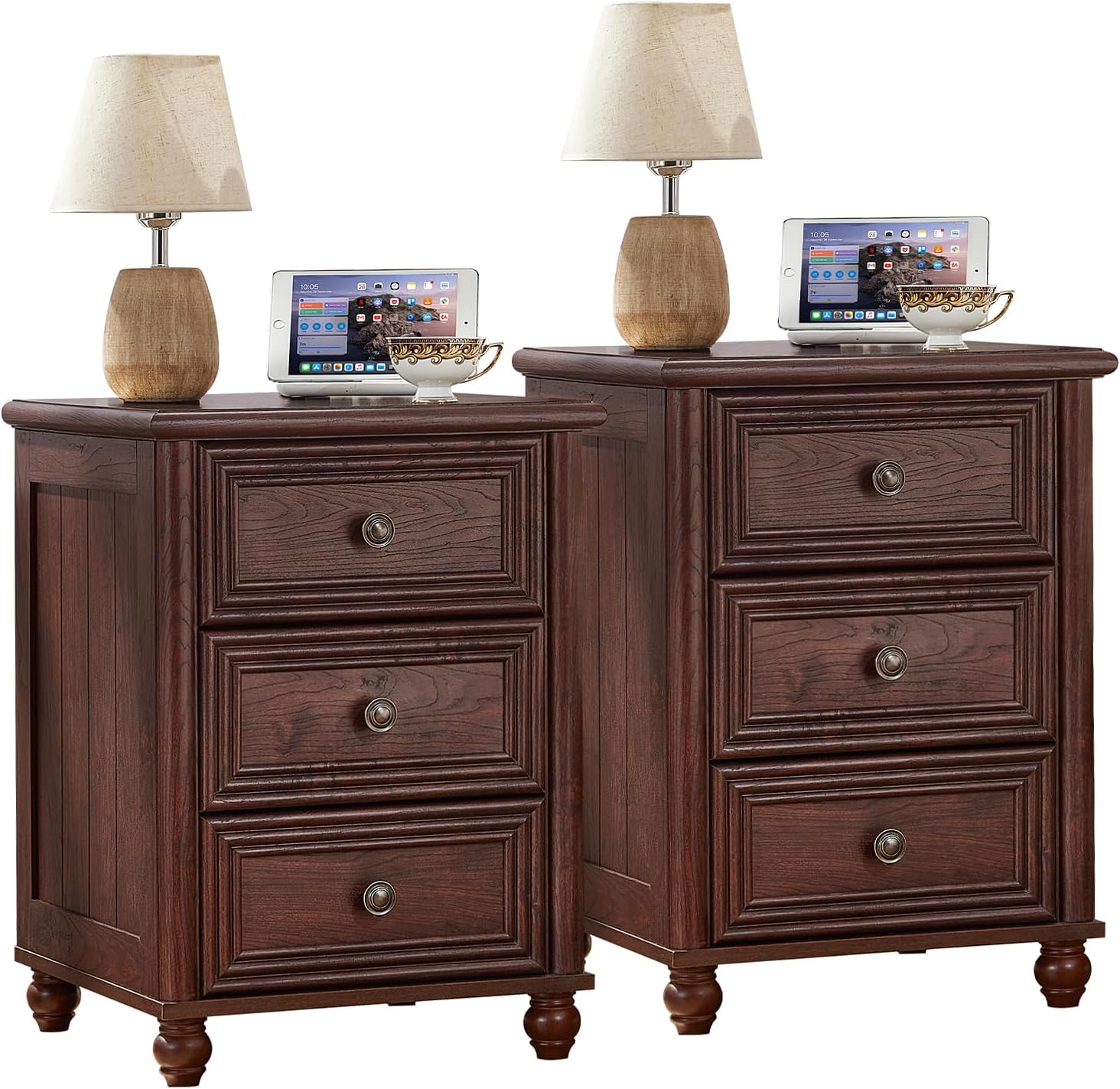 RWYHG 18' Farmhouse Night Stand Set of 2, Walnut Wood Nightstand with 3 Drawers, Bedside End Table with Storage and Roman Column, Bed Side Tables Cabinet for Bedroom, Living Room, and Closet