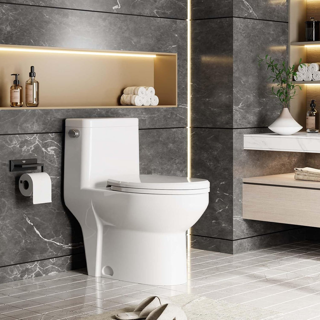 One Piece Toilet, Elongated Ceramic Toilet with Side Push Button 4.8L Flush & Soft Close V-Cover, White