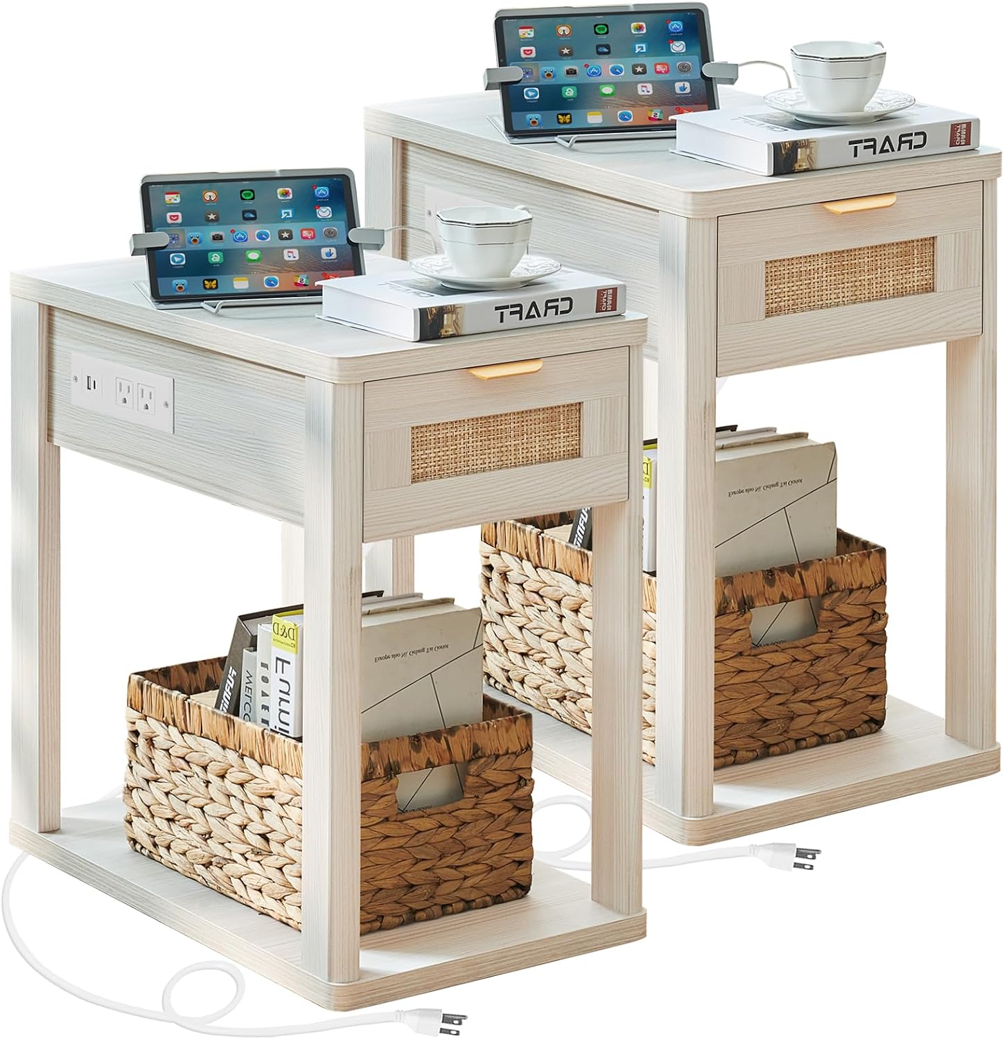 LEYAOYAO Narrow Side Table Set of 2, 24'' Night Stand with Charging Station, Rattan Nightstand with Drawer Storage, Bedside End Table with Small Spaces, Wood Boho Nightstand for Living Room Bedroom