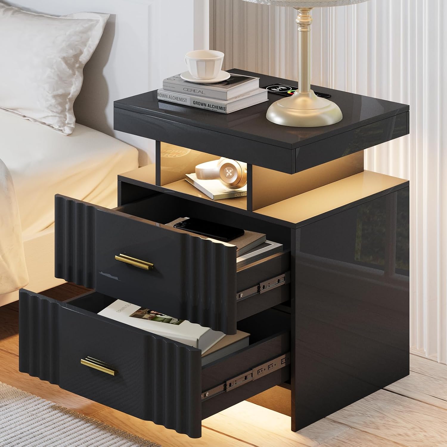 Nightstand with Wireless Charging Station, Bedroom Bedside Table with RGB Lights, Smart Night Stand with 2 Drawers, Bedside Tables Modern Bedside Table for Bedroom, Living Room(Black)